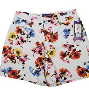 Gloria Vanderbilt "Amanda" White Floral Print Denim Shorts High Rise Size 14 New
